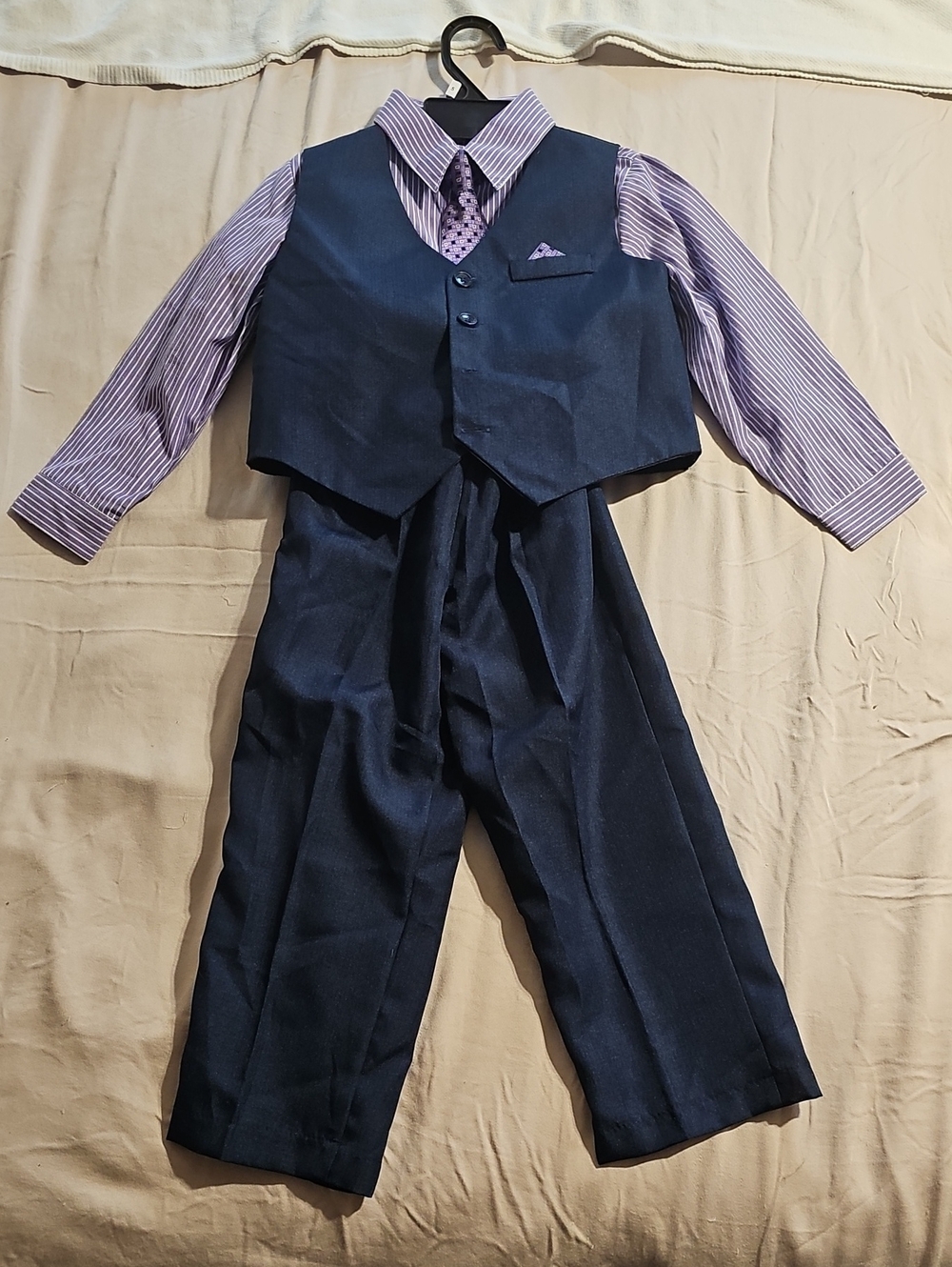 Andrew Fezza Navy Vest & Pants with Purple Striped Shirt and Tie